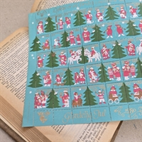 lyseblåt-ark-julemærker-hvide-heste-grønne-juletræer-rød-hvide-figurer-1980